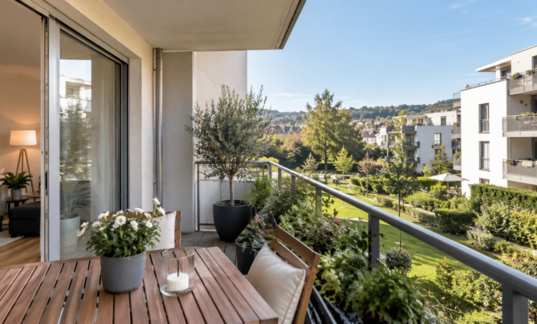Moderne Balkonterrasse mit Gartenblick [Bildinhalt mit KI erstellt]