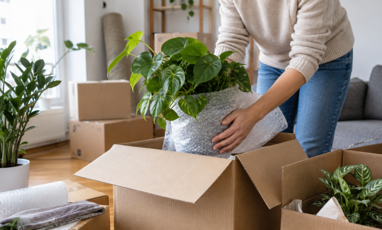 Pflanzen sicher Umzug verpacken [Bildinhalt mit KI erstellt]