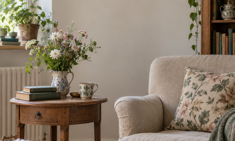 Gemütliche Cottagecore-Leseecke mit Leinenstuhl, Holztisch, Büchern und frischen Blumen [Bildinhalt mit KI erstellt]