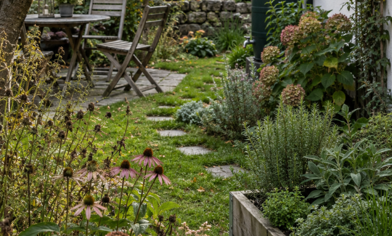 Naturnaher Garten mit Stauden, Kräuterbeet, Regenfass und kleinem Sitzplatz [Bildinhalt mit KI erstellt]