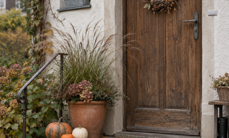 Herbstlich dekorierter Hauseingang mit Holztür, Kranz, Gräsern und wenigen Kürbissen [Bildinhalt mit KI erstellt]